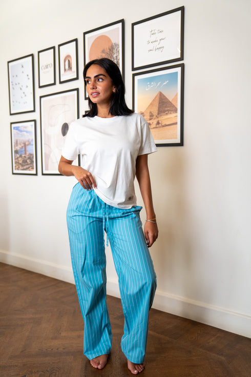 Women summer pajama set White Tee + Teal X White Stripes Pants